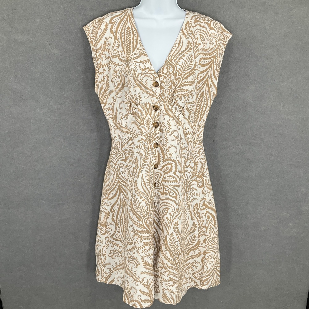 LOFT Dress Womens‎ Sz 4 Cream Brown Paisley Print Button Front Linen Coastal